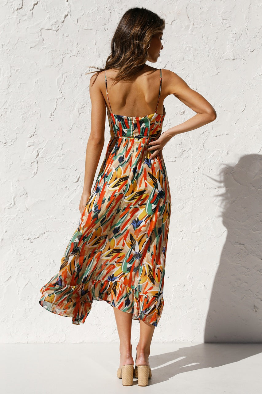 Women's Summer New Style Printed Wooden Ear Edge Tank Dress