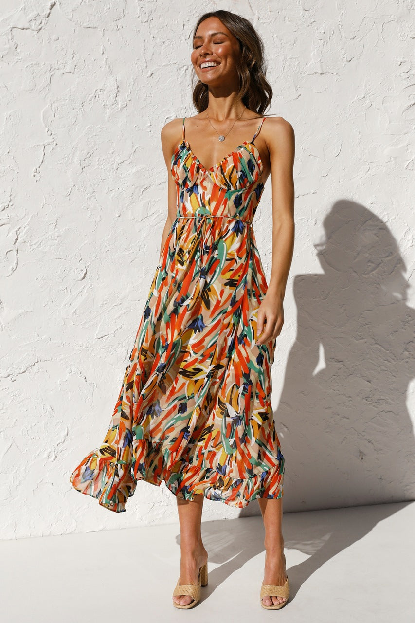 Women's Summer New Style Printed Wooden Ear Edge Tank Dress