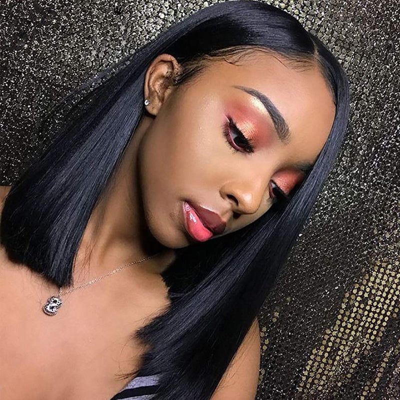 Wig For Women With Medium Long Hair, European And American Fashion Bobo Head, Middle Parted Bangs, Clavicle Hair, Black Wig Headgear