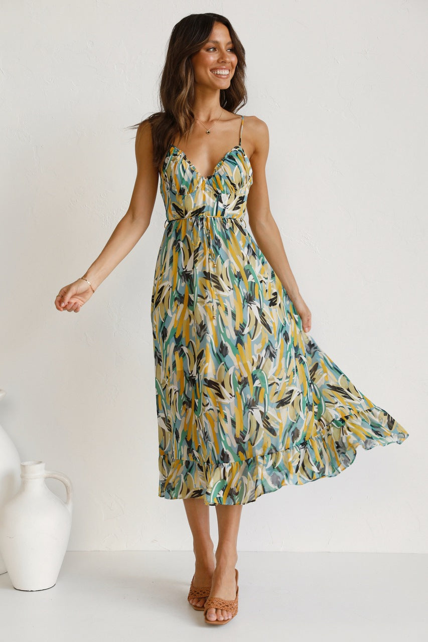 Women's Summer New Style Printed Wooden Ear Edge Tank Dress