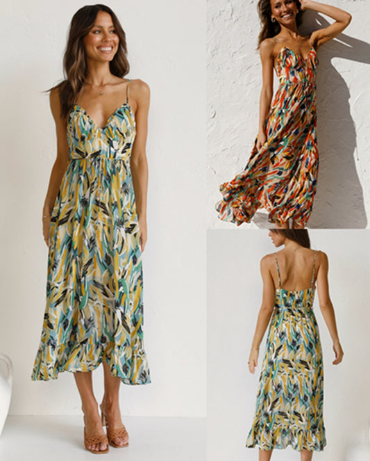 Women&#039;s Summer New Style Printed Wooden Ear Edge Tank Dress